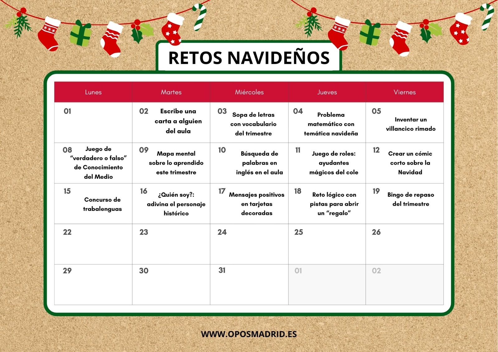 Calendario de retos navideños para repasar contenidos antes de las vacaciones